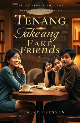 A captivating novel cover design for 'Tenang Fake Friends', featuring a group of friends in a cozy café setting