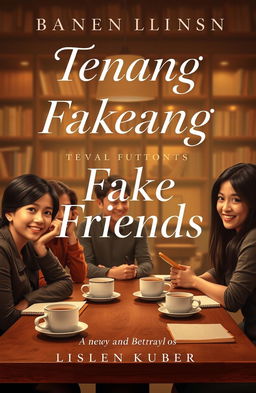 A captivating novel cover design for 'Tenang Fake Friends', featuring a group of friends in a cozy café setting