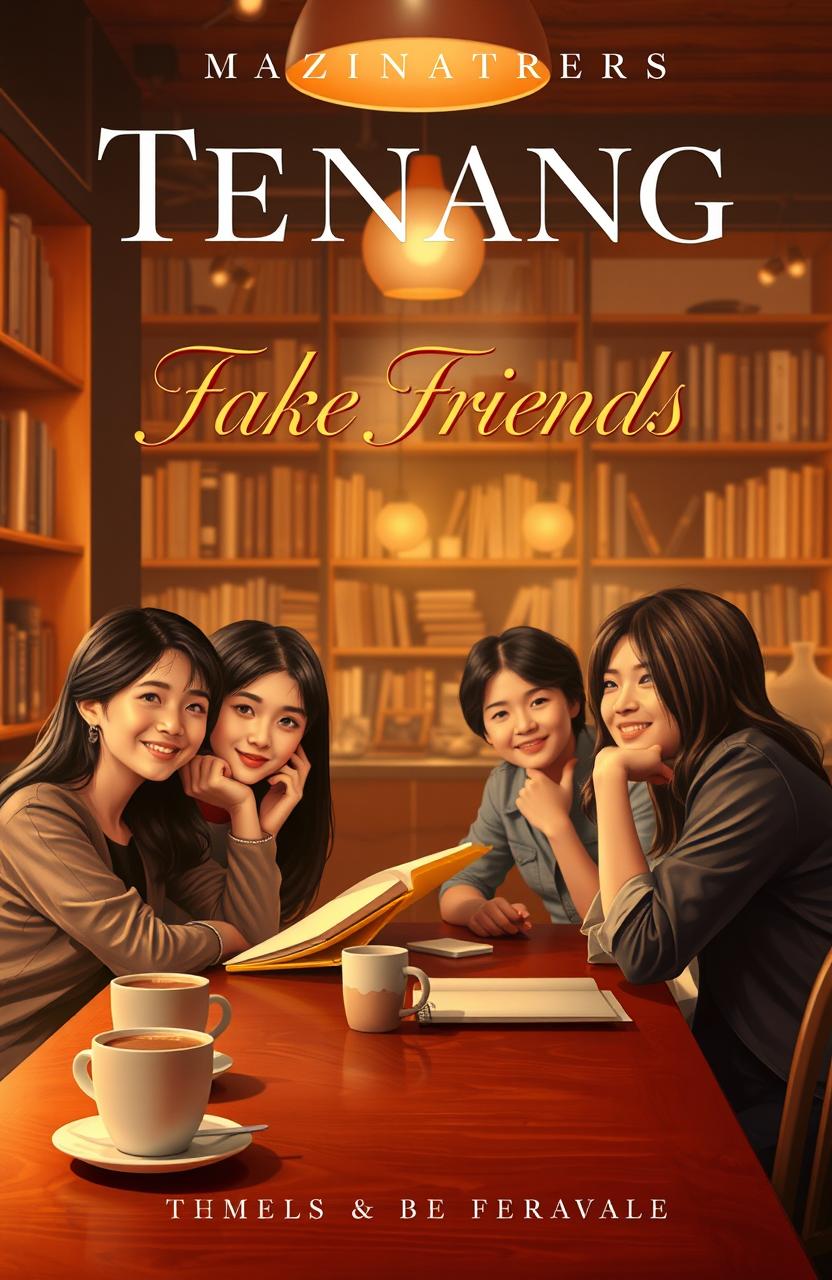 A captivating novel cover design for 'Tenang Fake Friends', featuring a group of friends in a cozy café setting