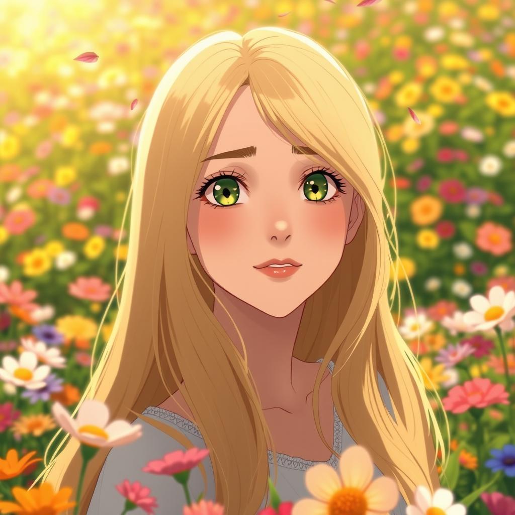 A beautiful young adult woman with long, flowing blonde hair and captivating green eyes, inspired by Studio Ghibli aesthetics, is standing in a vibrant flower field filled with a variety of colorful blooms