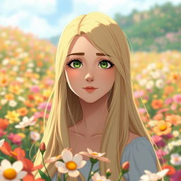 A beautiful young adult woman with long, flowing blonde hair and captivating green eyes, inspired by Studio Ghibli aesthetics, is standing in a vibrant flower field filled with a variety of colorful blooms