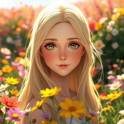 A beautiful young adult woman with long, flowing blonde hair and captivating green eyes, inspired by Studio Ghibli aesthetics, is standing in a vibrant flower field filled with a variety of colorful blooms