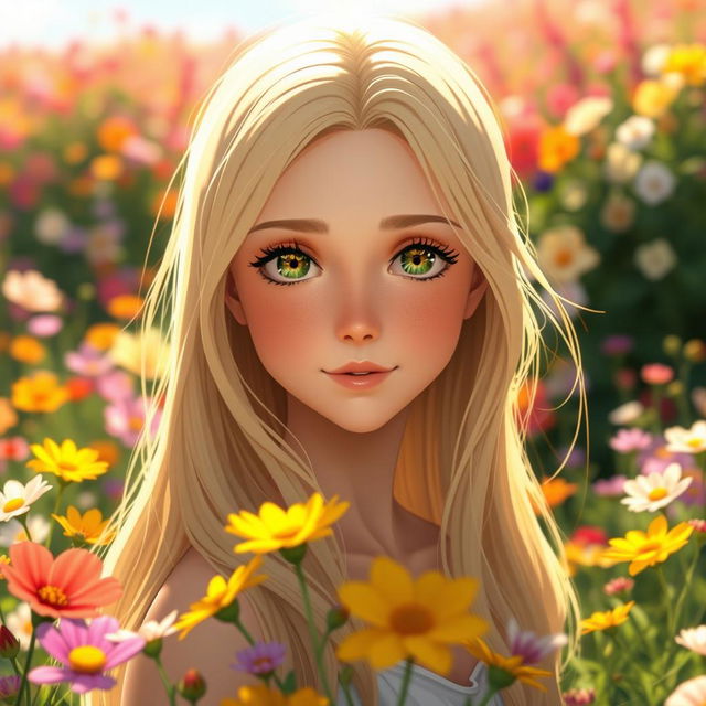 A beautiful young adult woman with long, flowing blonde hair and captivating green eyes, inspired by Studio Ghibli aesthetics, is standing in a vibrant flower field filled with a variety of colorful blooms