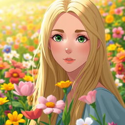 A beautiful young adult woman with long, flowing blonde hair and captivating green eyes, inspired by Studio Ghibli aesthetics, is standing in a vibrant flower field filled with a variety of colorful blooms