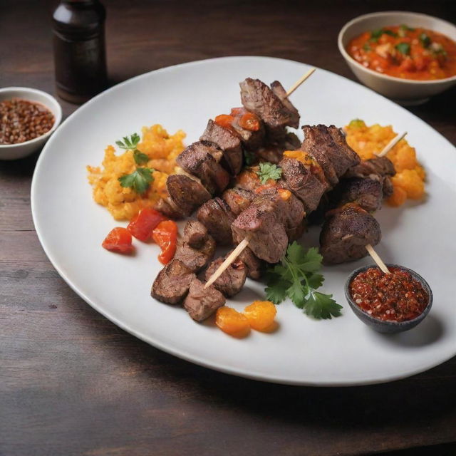 The ultimate luxurious kebab, skewered with Wagyu beef, exotic mushrooms and bell peppers, garnished with saffron, and served with a side of caviar dip.