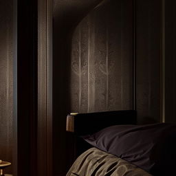 A cozy bedroom featuring dark furniture including a bed, wardrobe, and bedside table, illuminated under light, set against an elegant dark wallpaper with intricate designs.