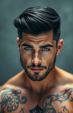 A handsome man with striking features, black hair styled attractively, a sexy well-groomed beard, and captivating green eyes