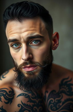 A handsome man with striking features, black hair styled attractively, a sexy well-groomed beard, and captivating green eyes