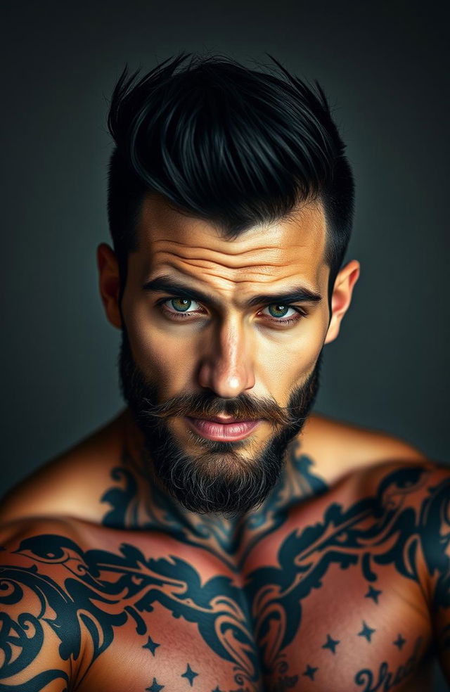 A handsome man with striking features, black hair styled attractively, a sexy well-groomed beard, and captivating green eyes