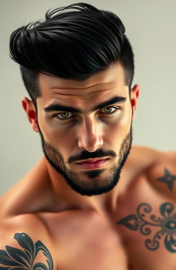 A handsome man with striking features, black hair styled attractively, a sexy well-groomed beard, and captivating green eyes