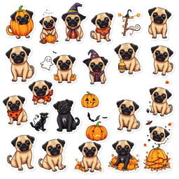 A collection of 15 individual stickers featuring a cute pug in Halloween themes on a white background