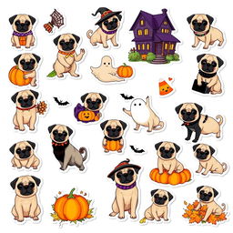 A collection of 15 individual stickers featuring a cute pug in Halloween themes on a white background