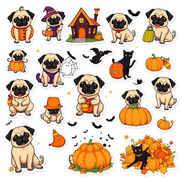 A collection of 15 individual stickers featuring a cute pug in Halloween themes on a white background