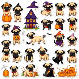 A collection of 15 individual stickers featuring a cute pug in Halloween themes on a white background