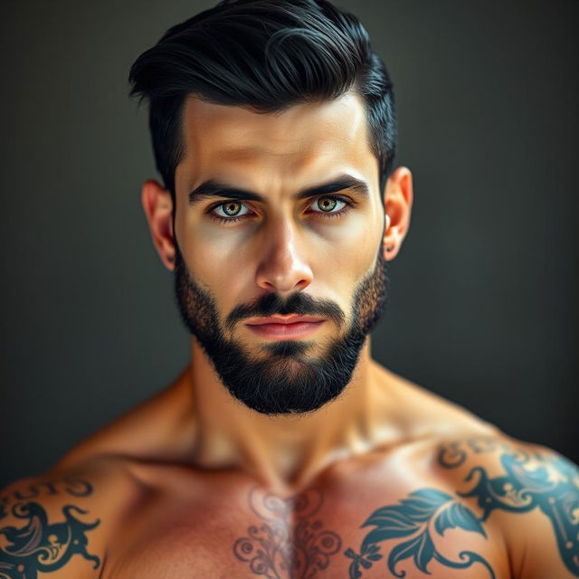 A realistic portrait of a sexy man with black hair, a well-groomed beard, and striking green eyes