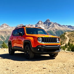 A striking image of a Jeep Renegade parked on a rugged mountain terrain under a clear blue sky