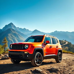 A striking image of a Jeep Renegade parked on a rugged mountain terrain under a clear blue sky