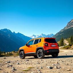 A striking image of a Jeep Renegade parked on a rugged mountain terrain under a clear blue sky