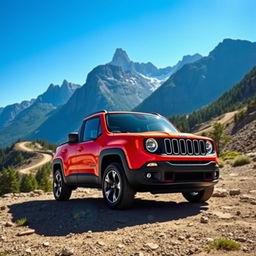 A striking image of a Jeep Renegade parked on a rugged mountain terrain under a clear blue sky