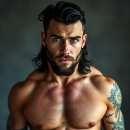 A full-body portrait of a muscular man with black hair and a sexy beard, showcasing striking green eyes