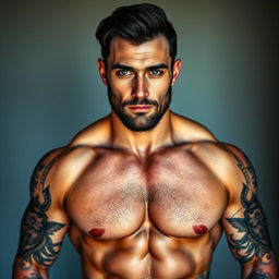 A full-body portrait of a muscular man with black hair and a sexy beard, showcasing striking green eyes