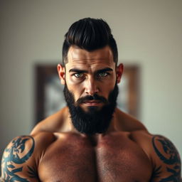 A full-body portrait of a muscular man with black hair and a sexy beard, showcasing striking green eyes