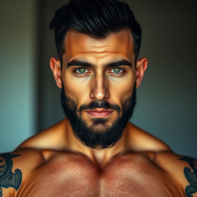 A full-body portrait of a muscular man with black hair and a sexy beard, showcasing striking green eyes