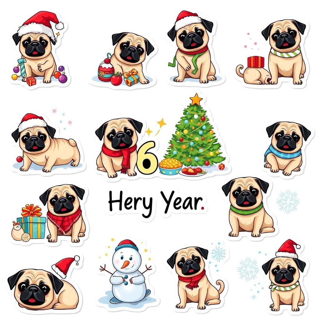 A collection of 15 individual stickers featuring a cute pug celebrating the New Year on a white background