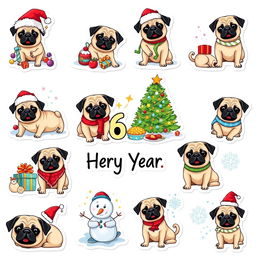 A collection of 15 individual stickers featuring a cute pug celebrating the New Year on a white background