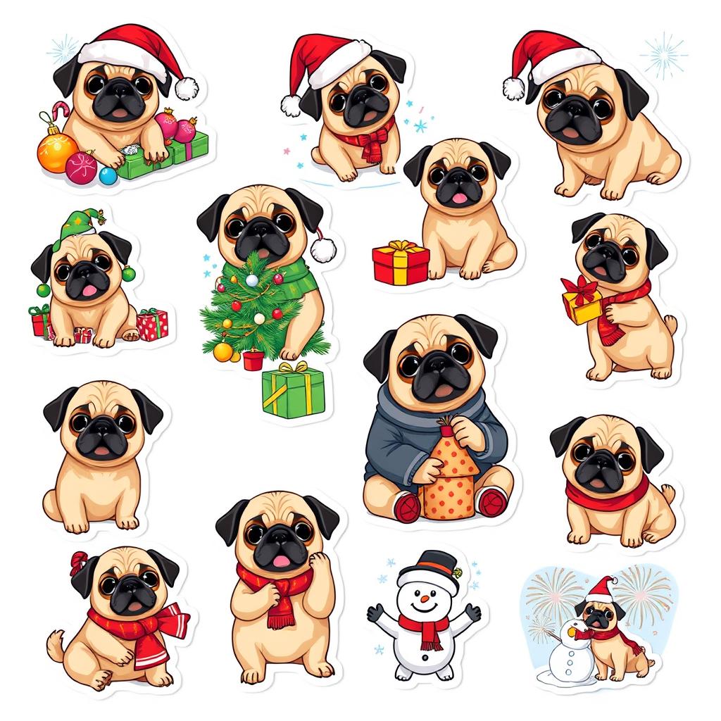 A collection of 15 individual stickers featuring a cute pug celebrating the New Year on a white background