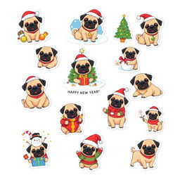 A collection of 15 individual stickers featuring a cute pug celebrating the New Year on a white background