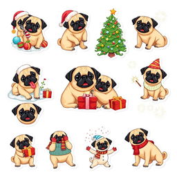 A collection of 15 individual stickers featuring a cute pug celebrating the New Year on a white background