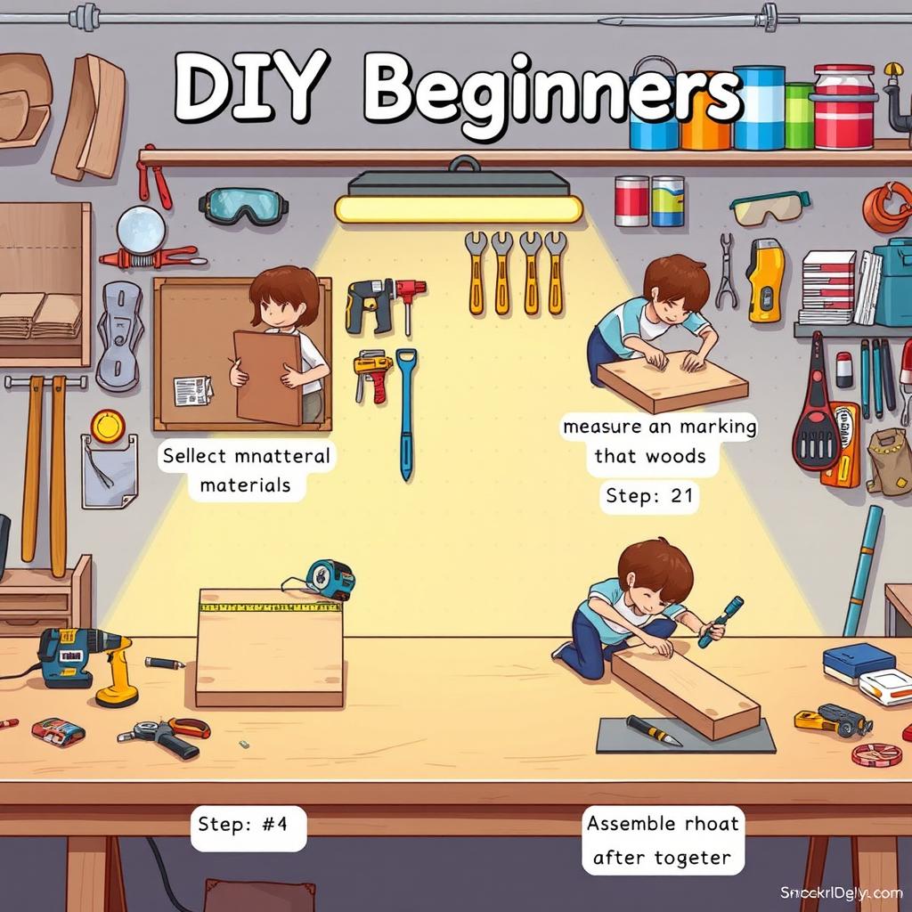 A detailed and engaging illustration for DIY beginners, showcasing a step-by-step guide to a simple project