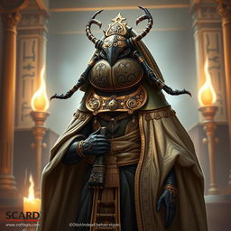 A humanoid scarab beetle D&D character portrayed as a cleric, featuring a beautifully ornate shell embellished with intricate carvings that reflect ancient Egyptian artistry