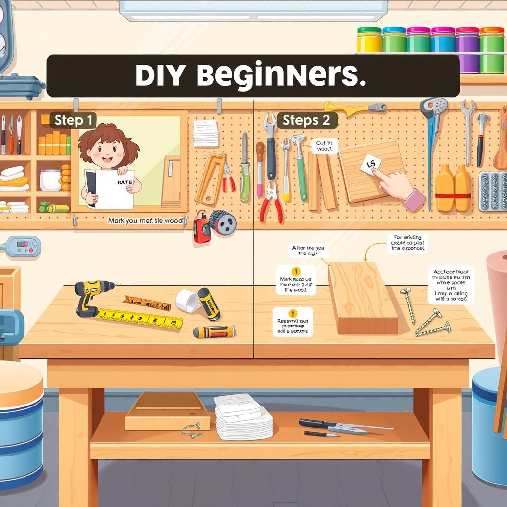 A detailed and captivating illustration for DIY beginners, depicting a step-by-step guide for a simple home project