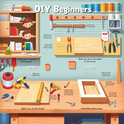 A detailed and captivating illustration for DIY beginners, depicting a step-by-step guide for a simple home project