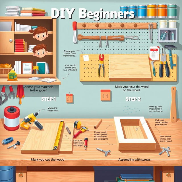 A detailed and captivating illustration for DIY beginners, depicting a step-by-step guide for a simple home project