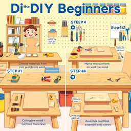 A detailed and captivating illustration for DIY beginners, depicting a step-by-step guide for a simple home project