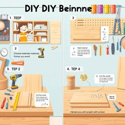 A detailed and captivating illustration for DIY beginners, depicting a step-by-step guide for a simple home project