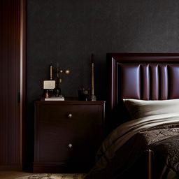 A cozy bedroom featuring dark furniture including a bed, wardrobe, and bedside table, illuminated under light, set against an elegant dark wallpaper with intricate designs.