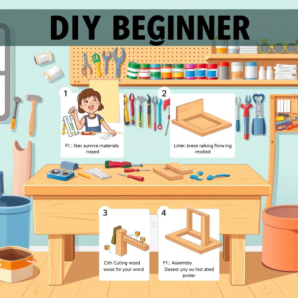 An informative and visually appealing illustration designed for DIY beginners, showcasing a step-by-step guide to a simple home improvement project