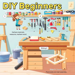 An informative and visually appealing illustration designed for DIY beginners, showcasing a step-by-step guide to a simple home improvement project