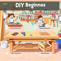 An informative and visually appealing illustration designed for DIY beginners, showcasing a step-by-step guide to a simple home improvement project