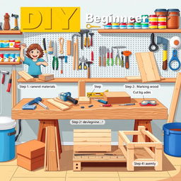 An informative and visually appealing illustration designed for DIY beginners, showcasing a step-by-step guide to a simple home improvement project