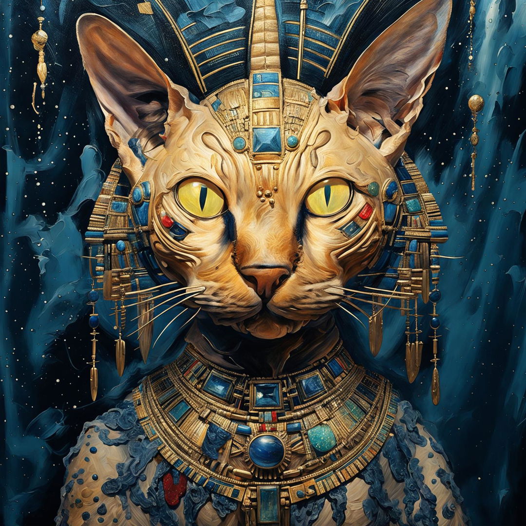 A highly detailed oil painting of a Sphinx cat, adorned as an Egyptian goddess with an elaborate golden headdress and collar necklace, set against a starry deep blue backdrop.