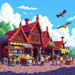 A vibrant pixel art scene featuring a bustling fantasy marketplace