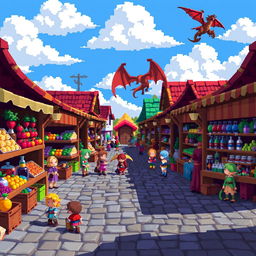 A vibrant pixel art scene featuring a bustling fantasy marketplace