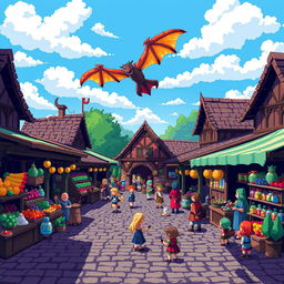 A vibrant pixel art scene featuring a bustling fantasy marketplace