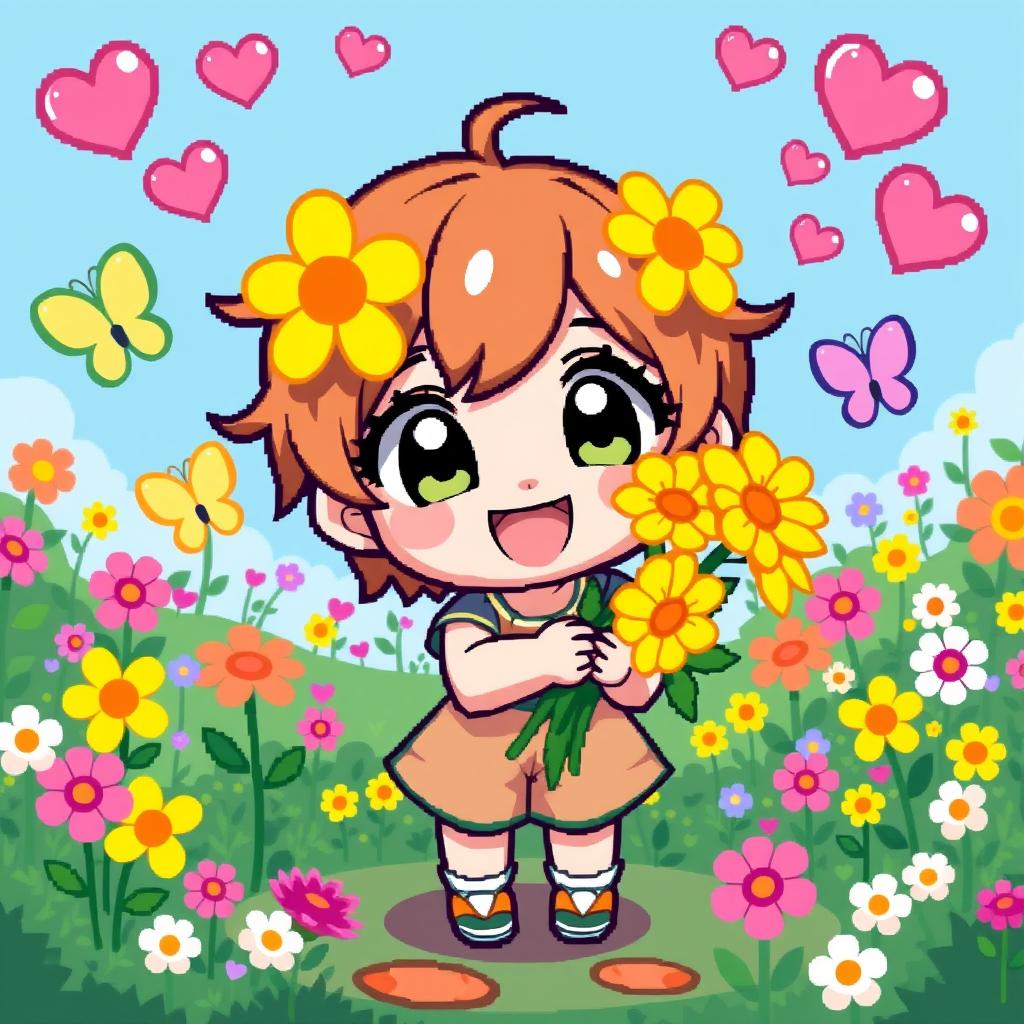 A charming pixel art depiction of a Chibi character joyfully gifting bright yellow flowers