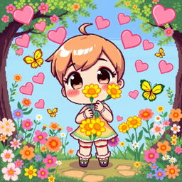 A charming pixel art depiction of a Chibi character joyfully gifting bright yellow flowers